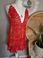Brand New Pretty Little Thing Red Strappy Thick Lace Drill Hem Bodycon Dress,...