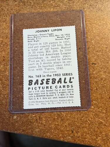 1977 Dover Publications 1952 Bowman Reprint # 163 Johnny Lipon - Picture 6 of 8
