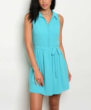 Womens Blue Sleeveless Belted Short Button-Front Dress Size Large