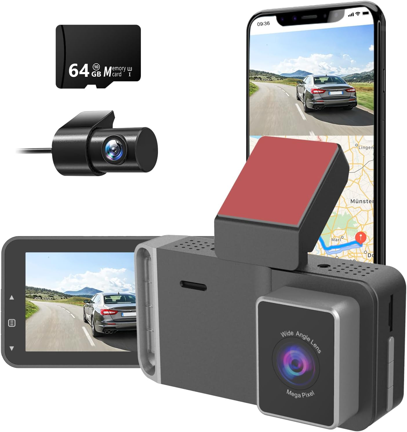 4K Dash Cam with 1080P Rear, Built-in GPS, Free 64GB SD Card, Night Vision