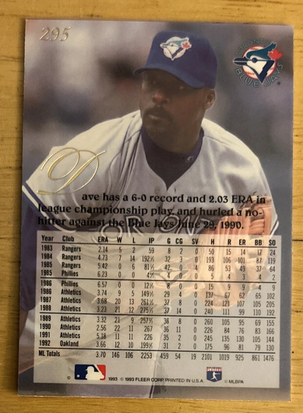 1993 Fleer Flair Dave Stewart Baseball Card #295 Blue Jays High Grade NM - Image 2 of 2