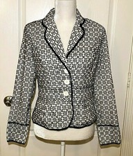 Black White Embroidered Eyelet Kenar Jacket Cotton Dressy Work Blazer - Size 8