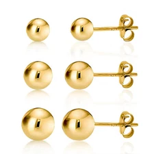 14K Gold over 925 Silver High Polish Smooth Round Ball Stud Earring 3-Size Set