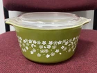 Vtg Pyrex Olive Green Crazy Daisy Spring Blossom 1 Qt Casserole Dish 473-B Lid