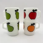 Set of 4 Vtg Anchor Hocking Fire King Milk Glass Fruit Mugs Orange Pear Apple