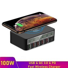 100W 6 Ports Multi USB C PD QC3.0 Fast Charger Station Phone Wireless Charging