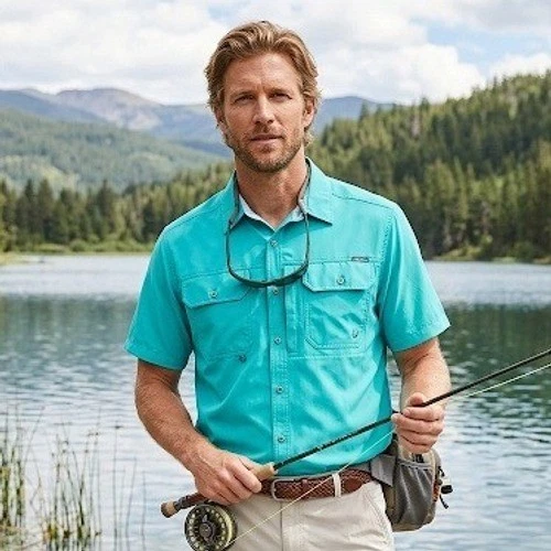 Eddie Bauer Men's Tech Shirt L Starling Turquoise Short Sleeve Button Down NWT