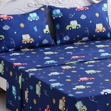 Set Full Size,Boys Set with Colorful Cars Pattern,Cute Car Bed Navy Blue Soft...