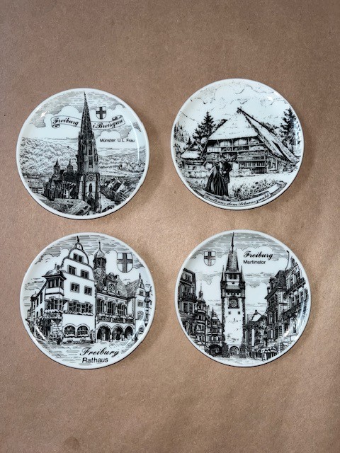 4 VINTAGE KLEIBER PORCELAIN 3 7/8" PLATES FREIBURG AND SCHWARZWALD WEST GERMANY