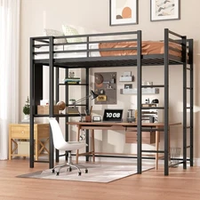Loft Bed Full Size with Desk and Storage Shelves, Full Bed Frame with 2 Side ...