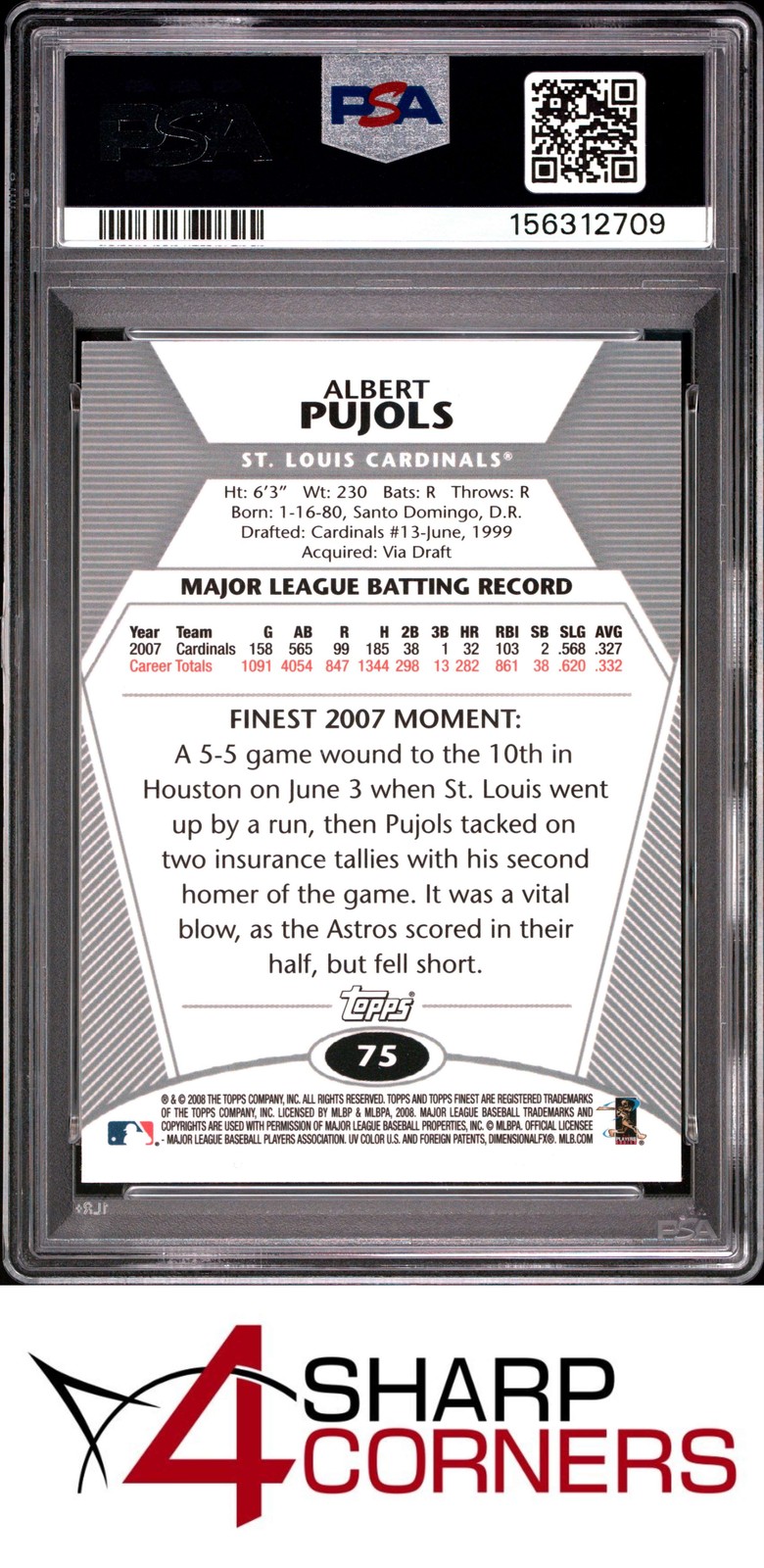 2008 FINEST #75 ALBERT PUJOLS CARDINALS PSA 10 view 2