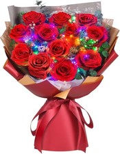 ADDWel Ewiger Rosenstrau&szlig; 12 konservierte rote Rosen mit LED-Lichterkette