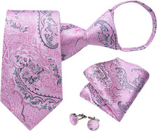 Silk Zipper Ties for Men,Paisley Solid Plaid Pre-tied Tie and Pocket Square Cuff