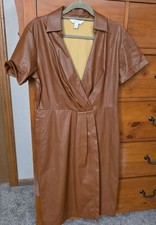 Nine West Faux Leather Dress Size Large Brown Wrap V Neck Business 
