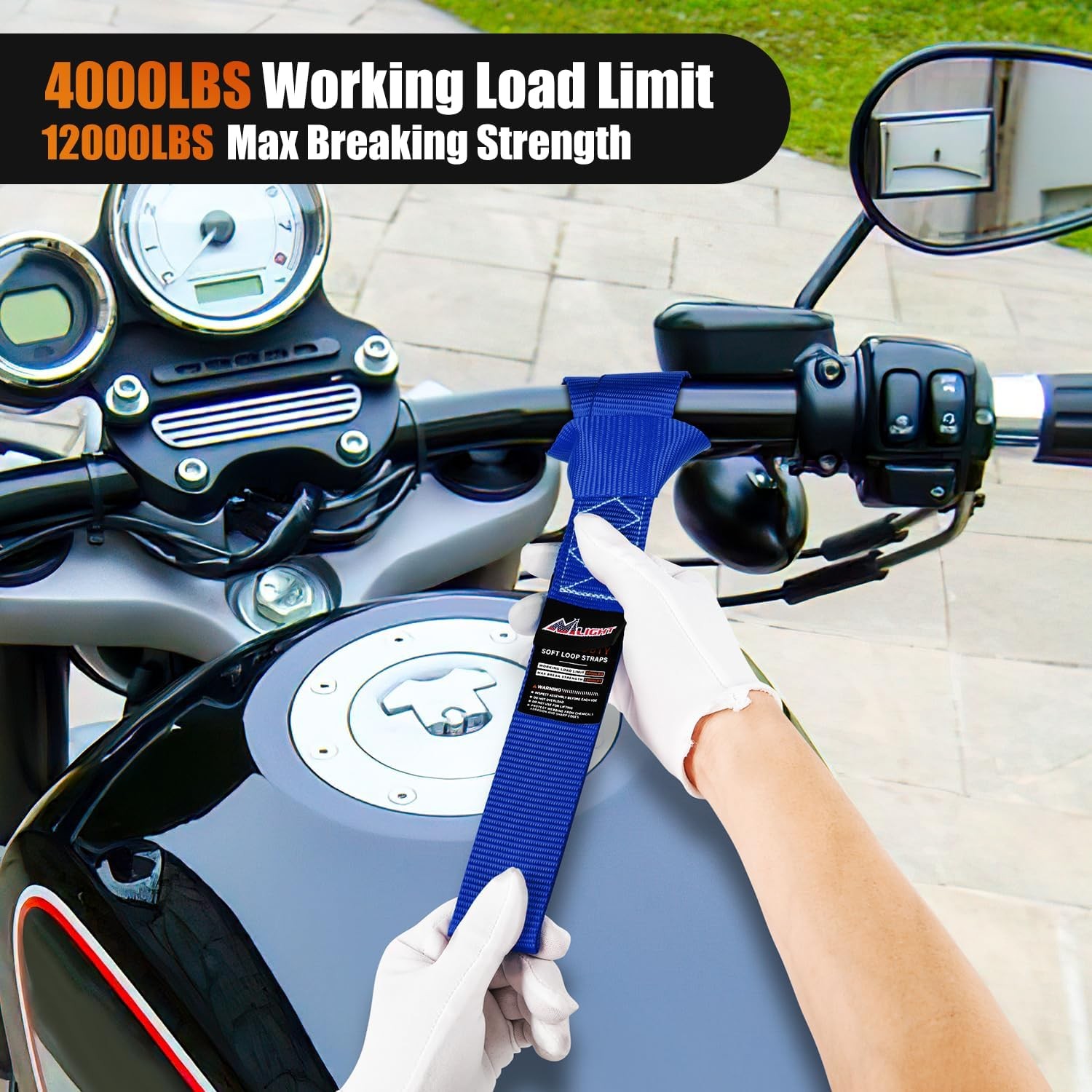 Soft Loop 1.7”×17" Motorcycle Tie Down Straps Heavy Duty 12000Lbs Max-Blue