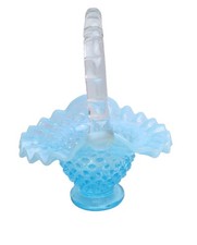 VTG Fenton Hobnail Basket Small Blue Opalescent Glass Ruffled Edge Collectible