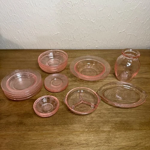 Vtg Mosser Pink Depression Glass Jennifer Miniature Child’s Set 17 Pieces EUC