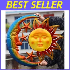Large Metal Sun Wall Art Decor - Moon & Stars Design