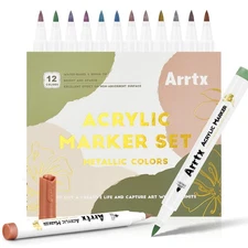 Metallic Markers 12 Colors,Brush Tip Acrylic Paint Pens Metallic Paint Marker...
