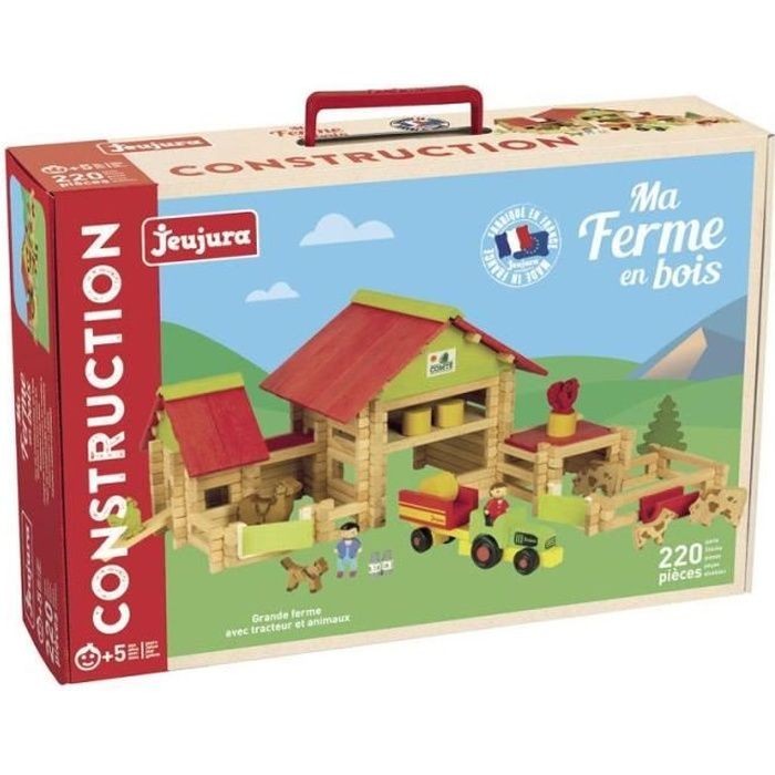 JEUJURA ferme avec tracteur jouet traditionnel 220 pièces en bois de hêtre
