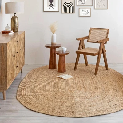 Tapis ovale réversible en jute - 5 x 7 pieds en fibre naturelle tissée à la m... - Photo 1/4