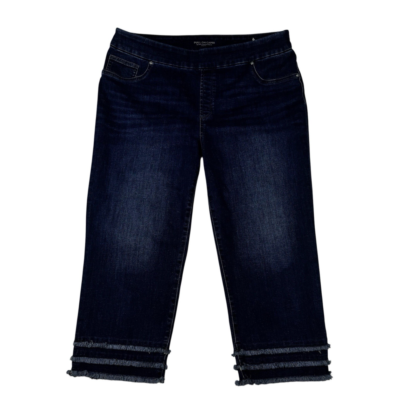Chico’s Capri Jeans Women Sz 2.5 US 14 Blue Pull On Stretch Layered Frayed Hem