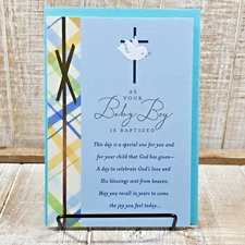 Dayspring Baptism Greeting Card 5x7 Religious Bible Verse Baby Boy Blue Cross