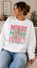 Merry Christmas Floral Bow Sweatshirt Crewneck Gildan 18000