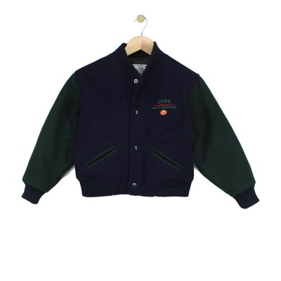 Vintage Acme Clothing College Jacke Jungen Größe M Blau USA Made Cartoon Wolle