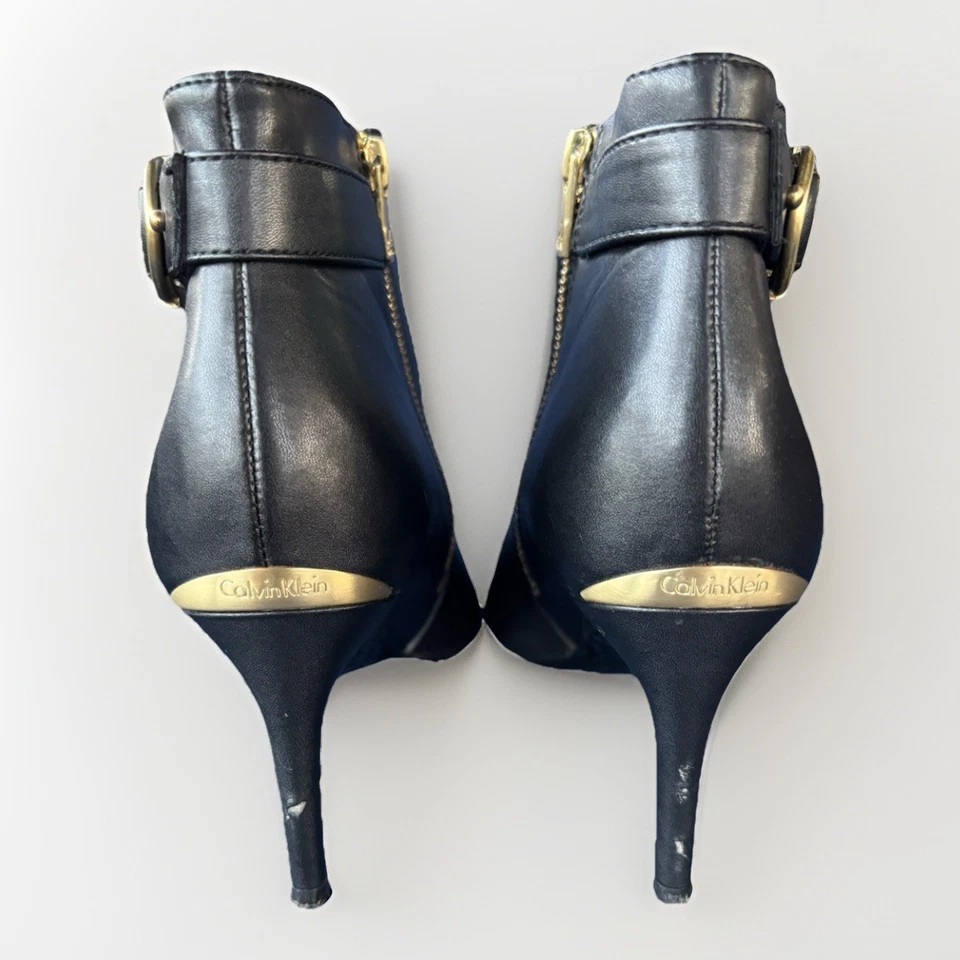 Calvin Klein Jailene Black Leather Ankle Boots Size 7.5 Gold Buckle Heels - Image 2 of 4