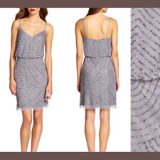 NWT Adrianna Papell Sequin Mesh Blouson Dress Grey/ Silver  SZ 12  e789