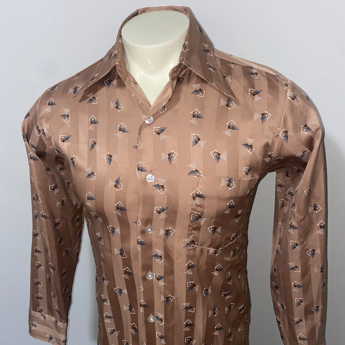 70s Disco Shirt Brown Beige Zig Zag Big Collar Medium Vintage - in 2023