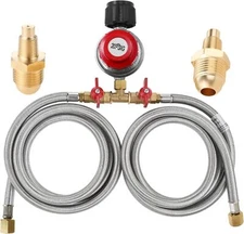 MCAMPAS 0-20 Psi Adjustable Propane Regulator with Hose. 8 Feet Y Splitter Doubl