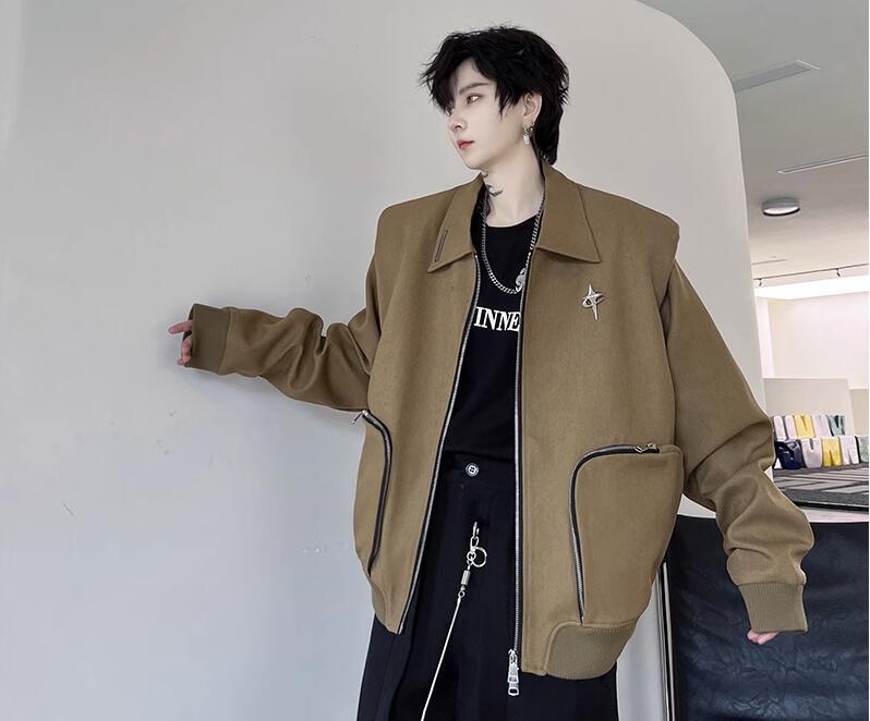 Para Hombre Otoño Nuevo Moda Solapa Mangas Largas Suelto Cremallera Metal Decoración Chaqueta Abrigos