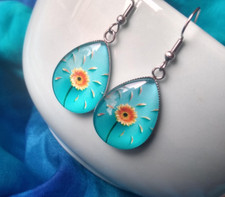 Yellow Daisy on Blue Background Handmade Glass Hook Earrings Floral Gift Jewelry