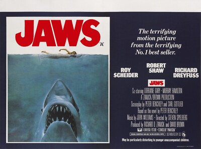 JAWS 1975 UK Quad Poster Druck 30x40'' Roy Scheider Richard Dreyfuss KOSTENLOSER VERSAND