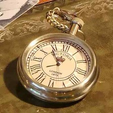 Brass Pocket Watch with Chain "Victoria London" Antique Style Steampunk Men Gift