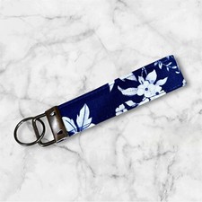 Women Key Fob Key Chain Fabric Wristlet Wrist Lanyard Strap Blue Floral