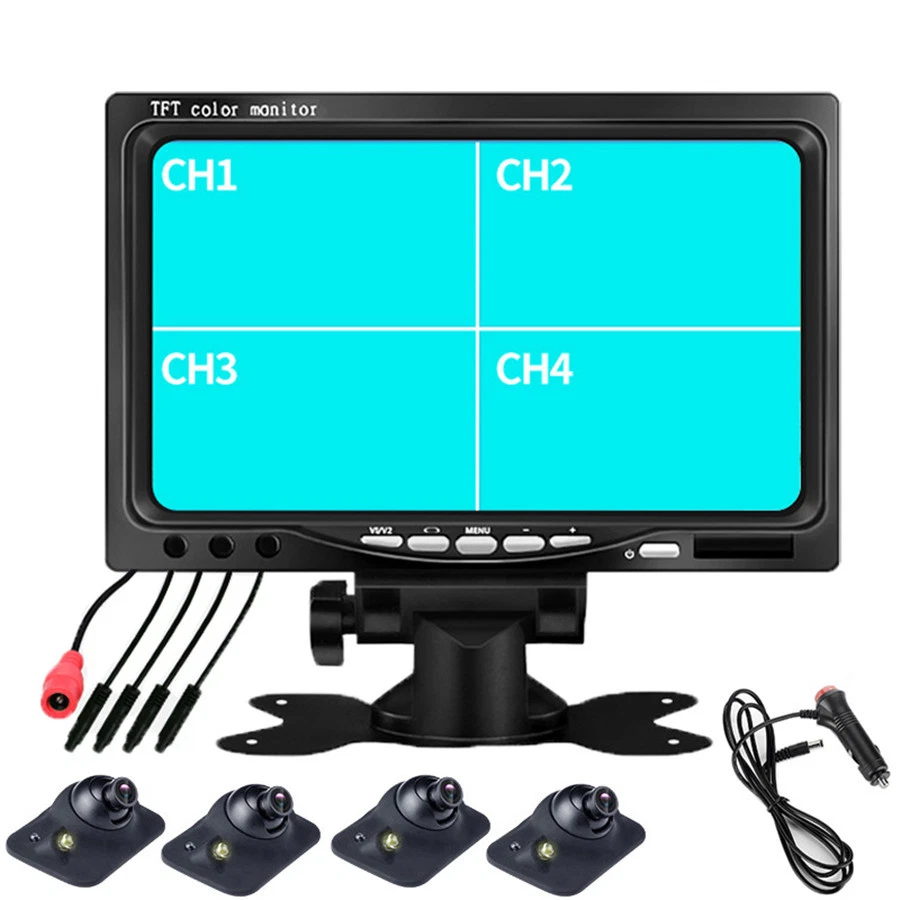 Monitor HD de marcha atrás LCD para automóvil de 7" 4 pantallas divididas 4 entradas AV + cámara ajustable de 170° Foto 4 de 4