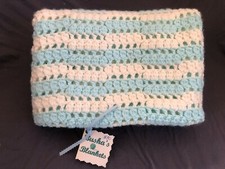Hand Crocheted Baby Blanket   Aqua and White