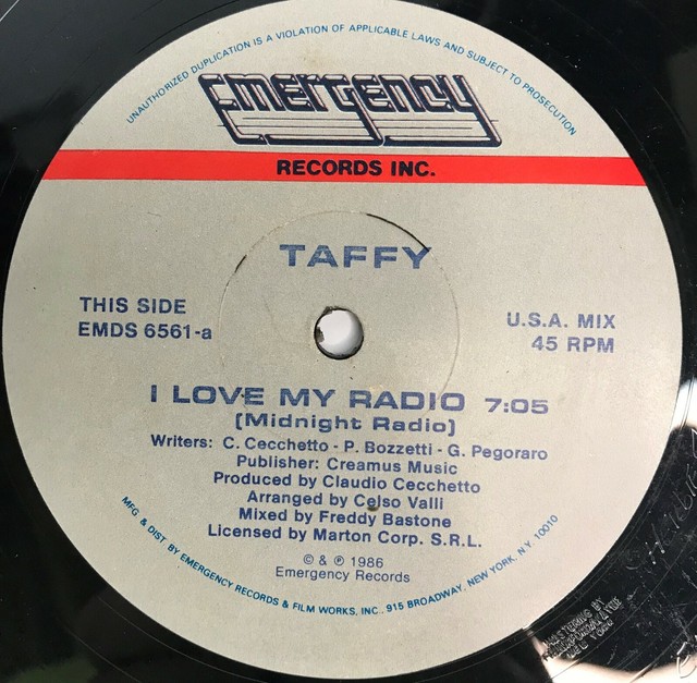 Taffy ‎ I Love My Radio (Midnight Radio) Vinyl 12" 2 Mixes EMDS 6561