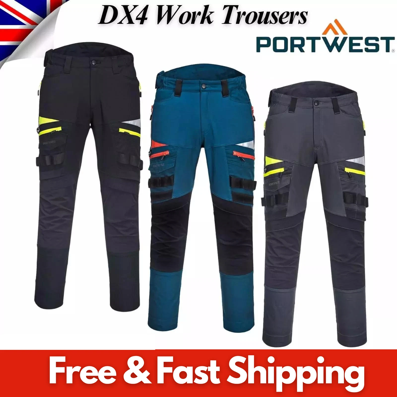 Portwest DX4 stretch Fit knee Pad Lightweight Flexible HiVis work Trousers DX449