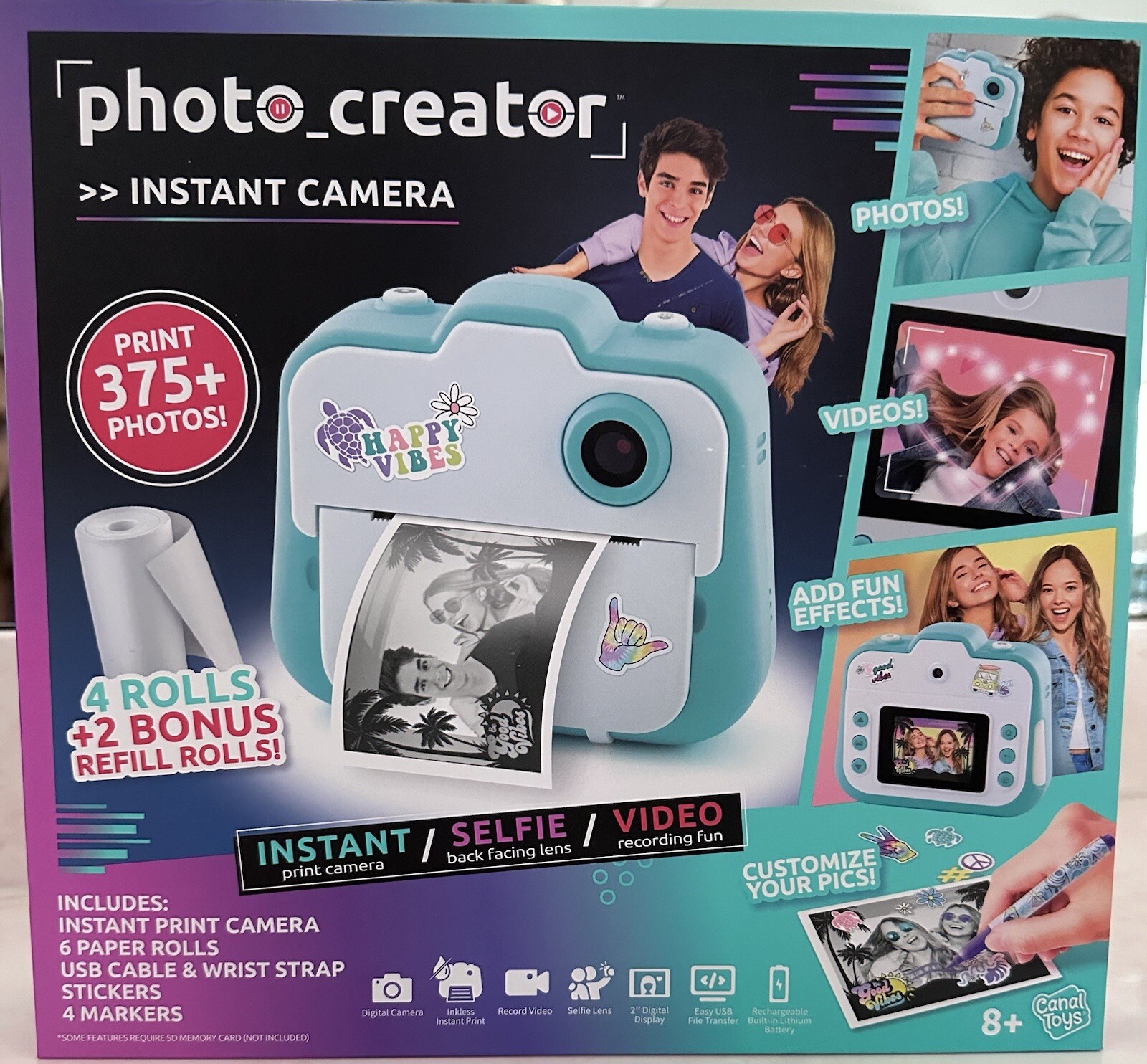 Photo Creator Instant Print Camera Photo Selfie Video LCD Screen 8+ Canal Toys