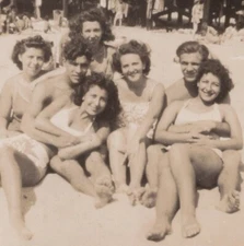 1940s Group Friends Beach Boardwalk Swimsuits Smiling Clothes Hanging  Blurry