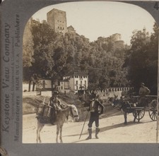 STEREOVIEW OF THE WALLS OF ALHAMBRA W/ DONKEYS   PEOPLE - GRANADA, SPAIN