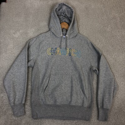 Champion Reverse Weave Hoodie Herren M grau meliert bestickt Spruch Logo 