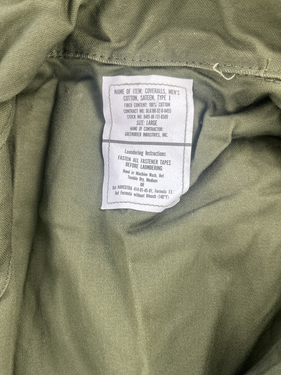 USGI Utility Mechanics Coverall Cotton Sateen Type 1 OD Green Size
