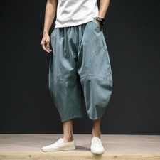 Men Linen Cotton Cropped Pants Loose Harem Oversize Trousers Beach Casual M-5XL