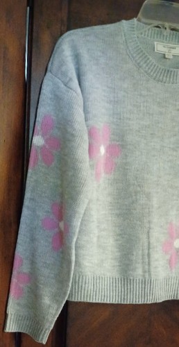 No Comment Girls Pullover Crop NWT Sweater Gray Pink Flowers CUTE SZ XL (16) - Picture 3 of 13