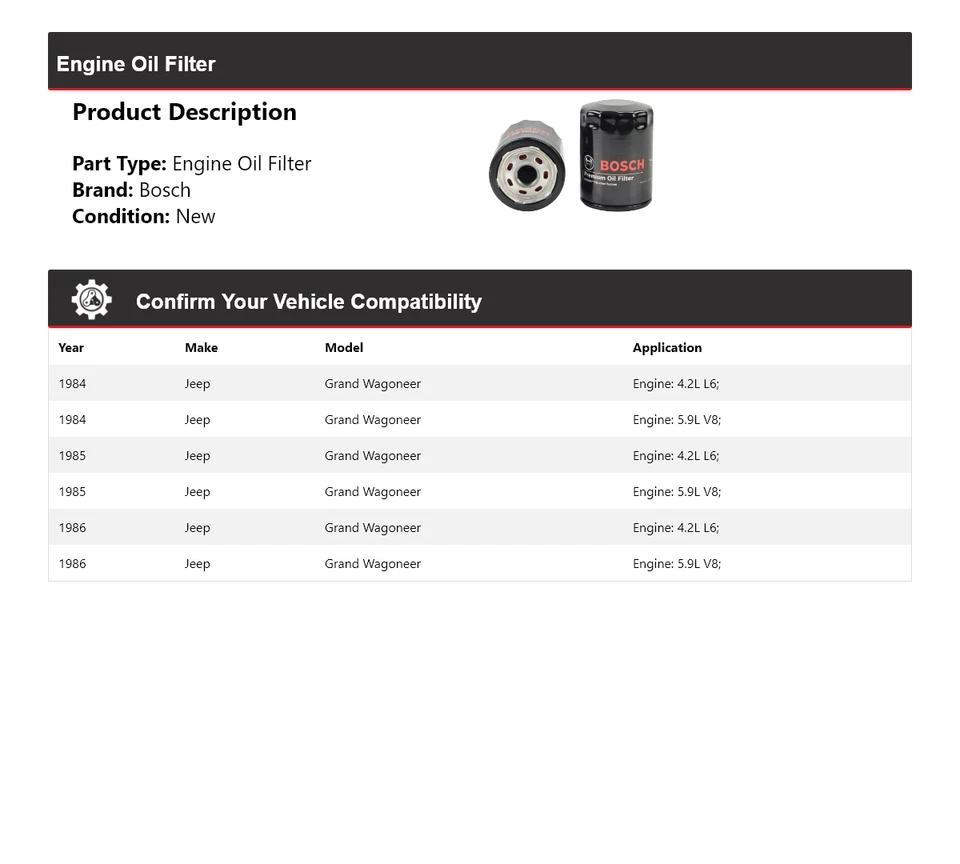 For 1984-1986 Jeep Grand Wagoneer Bosch Premium Oil Filter 1985 - Image 2 of 3